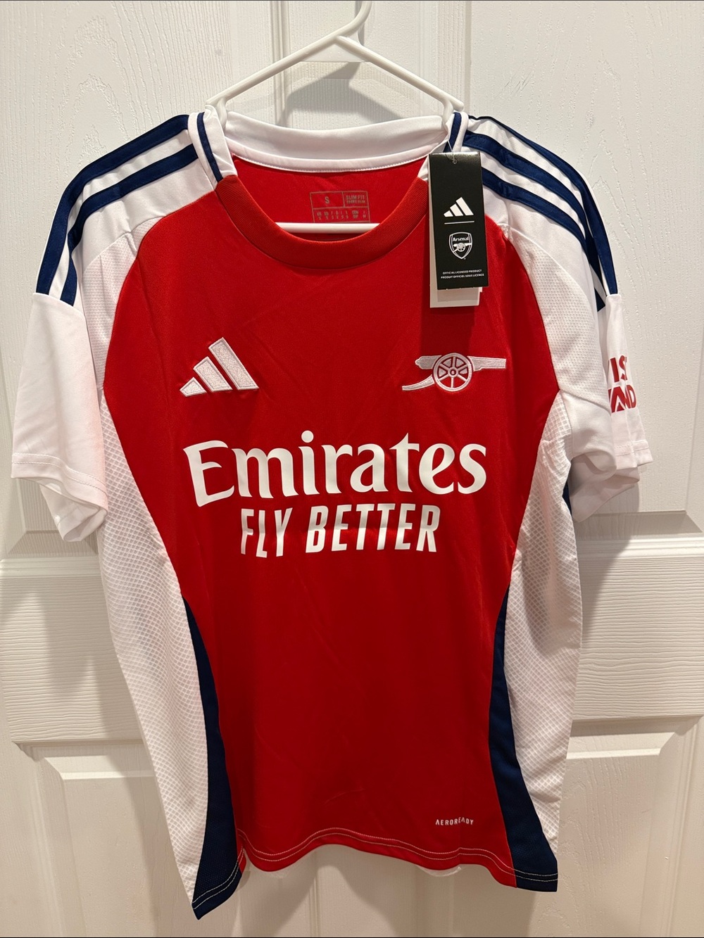 adidas adult small slim fit Red, White & Navy Soccer Jersey with Emirates Logo